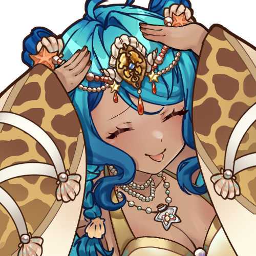 Zelvamist is holding up their hands to their head, and sticking out their tongue, expressing their aloofness. The character has a tan skintone, teal-to-blue hair, seashell accessories and a dress with a pattern similar to a turtle shell.