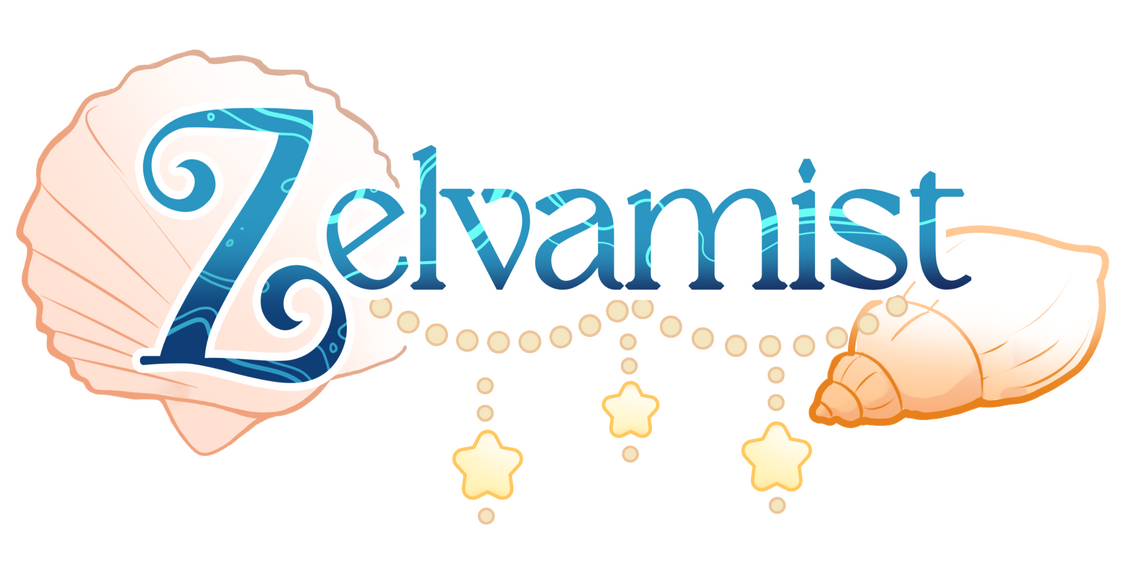 The name "Zelvamist" is written in a cursive font, decorated with seashells and golden stars.
